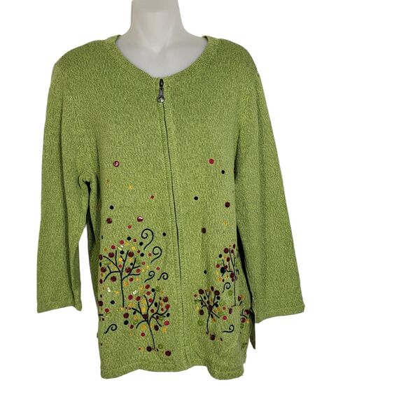Breckenridge Womens Cardigan Sweater Medium Green Full Zip Embellished Fall Tree - Picture 1 of 10